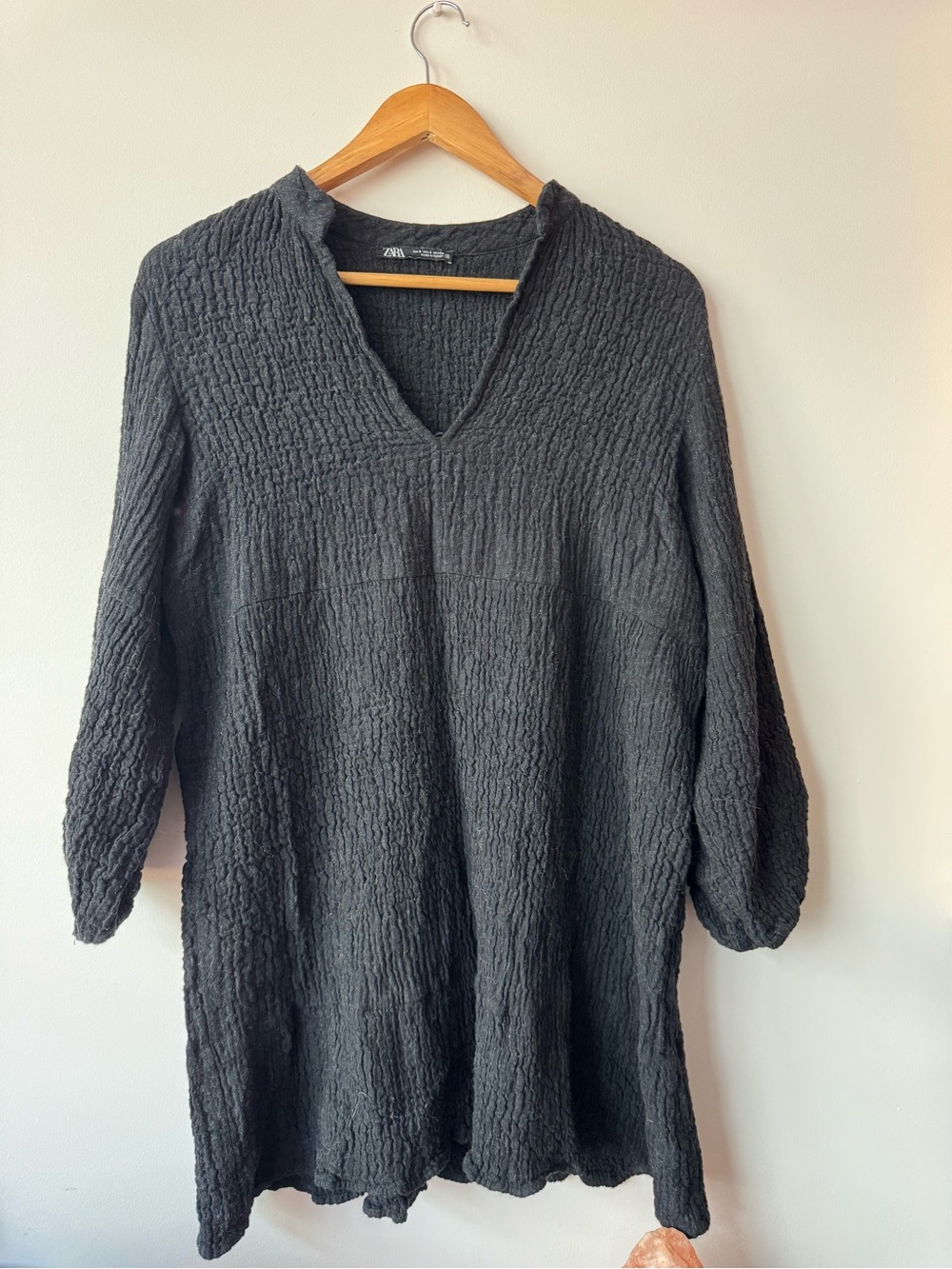 Zara Black Textured Crinkle Gauze V-Neck Tunic Mini Dress Top Women Small